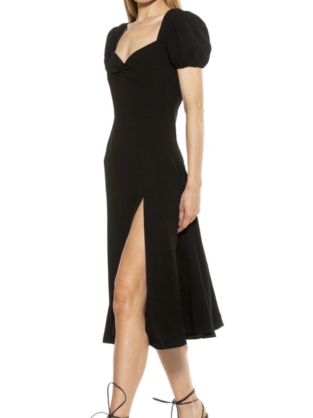 Alexia Admor Black Puff-Sleeve Midi Dress with Side Slit Size 8 NWT